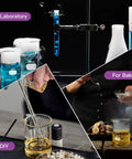 Heavy Duty 50ml Beaker Set Of 5 Thick Walled 3.3 Borosilicate Glass Low Form With Double Scale Graduation shown in various uses