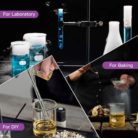 Heavy Duty 50ml Beaker Set Of 5 Thick Walled 3.3 Borosilicate Glass Low Form With Double Scale Graduation shown in various uses