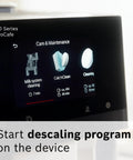 Display of VeroCafe espresso machine showing descaling program screen, indicating start of descaling for Bosch 800 Series.