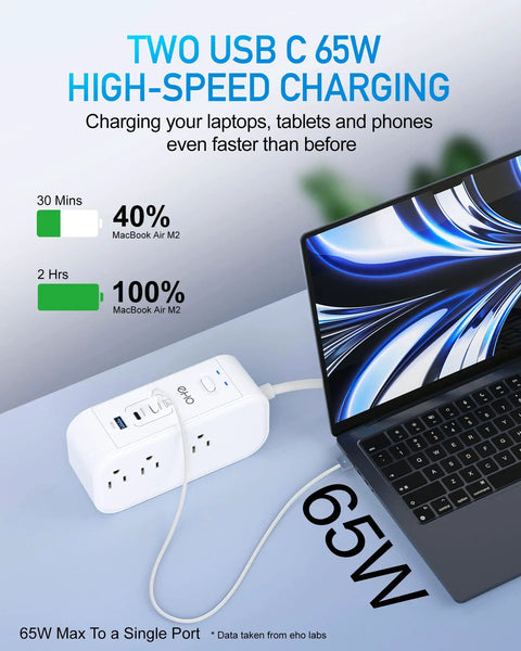 10FT Surge Protector Power Strip With 65W USB C PD And 30W USB C Fast Charging 6 Outlets And 3 USB Ports Flat Plug For Desk Wall Mount Overload Protection Ideal For Dorm And Home Office And Travel