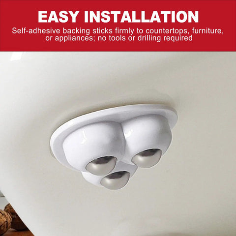 Eight Piece Self Adhesive Caster Wheels That Roll Like A Dream With 360 Degree Swivel Mini Appliance Rollers No Sweat Peel And Stick Track Mounts For Counters And Furniture In Bright White. Easy installation of caster wheel on a countertop.