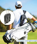 Golfer carrying golf bag, inset shows Two Player Golf Score Counter Clicker Kit Portable Handy Stroke Counter attached to bag.