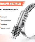 Close-up of a 304 stainless steel worm gear hose clamp, showing the gears. 4 Pack Heavy Duty Worm Gear Hose Clamps Adjustable Range One To One And Three Quarter Inches 25 To 45 Mm 304 Stainless Steel For Water Pipes Plumbing Automotive And Mechanical Applications.