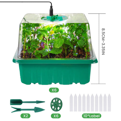 Indoor Seed Starter Trays With Grow Lights 72 Cell Kit featuring high humidity dome and gardening tools, perfect for seed starting.