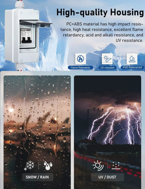 Rugged Solar Panel Disconnect Switch With IP65 DIN Box 30 Amp Dual Pole Isolator 12V To 400V AC DC Miniature Circuit Breaker outdoor use