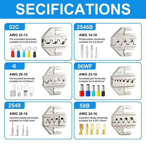 Specifications of crimping jaws for Six Piece Ratcheting Crimping Tool Set With Pro Grade Wire Crimper Jaws For Heat Shrink Terminals