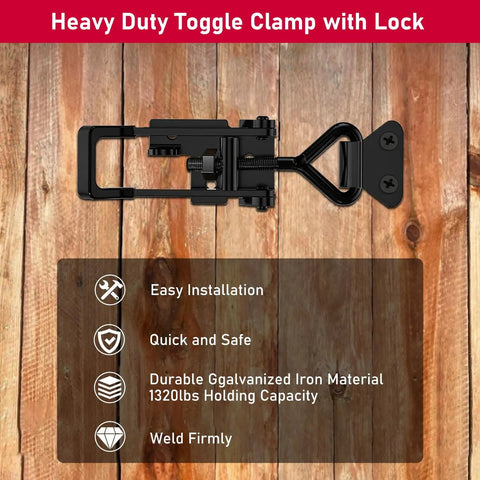 Beefy Heavy Duty Toggle Clamp Latch Set Two Pack 1320Lbs Capacity 4003 Style Adjustable Quick Release Hasp Clamps For Serious Lifting Smoker Lids Trailer Gates And More, black clamp on wood background