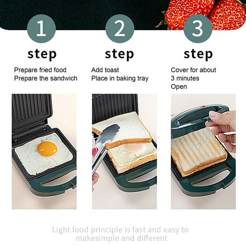 Three steps demonstrating the Compact Electric Sandwich Maker And Grill Press for perfect grilled cheese sandwiches.