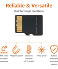 256GB MicroSDXC Memory Card With Adapter For Action Cameras, Drones, Smartphones, Tablets, And GoPro, highlighted durability features