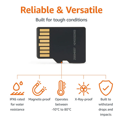 256GB MicroSDXC Memory Card With Adapter For Action Cameras, Drones, Smartphones, Tablets, And GoPro, highlighted durability features