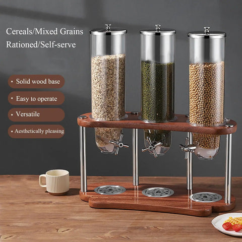 Airtight Cereal Dispenser And Dry Food Storage Container Countertop Organizer No Fuss Game Changer Keeps Oatmeal Coffee Beans Nuts Fresh Smooth Operator Crafted From Food Grade Plastic With Solid Wood Base And Steel Lid Pack Of Three featuring three clear containers on a wood base.