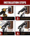 Installation guide for Retractable Workbench Casters Kit with step-by-step instructions and images showing drilling, mounting, and pedal operation.