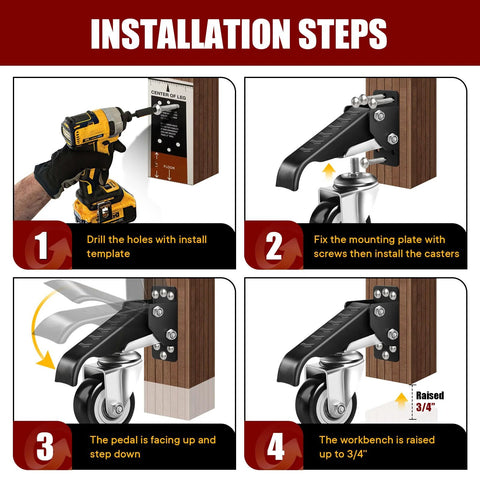 Installation guide for Retractable Workbench Casters Kit with step-by-step instructions and images showing drilling, mounting, and pedal operation.
