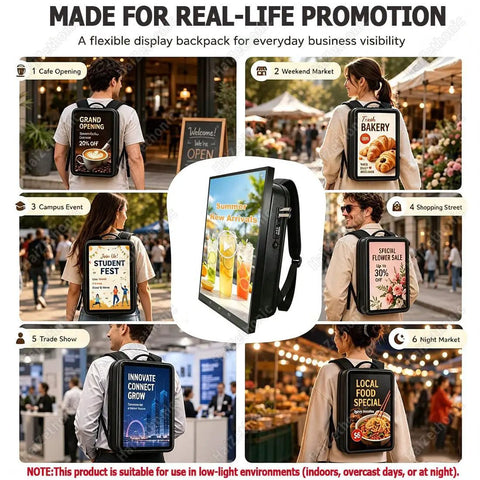 High Quality Premium 21.5 Inch Advertising Lcd Backpack in various promotional settings for outdoor visibility.