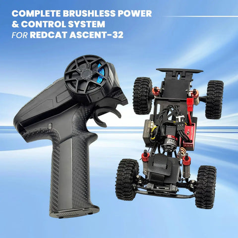 All In One Brushless Power And Control System With NanoPython ESC NanoKomodo Motor And Gripor V2 TX RX For Redcat Ascent 32 RC Crawler Wireless Tuning Upgrade For Ultra Smooth Torque And Rock Solid Control, showing remote and chassis