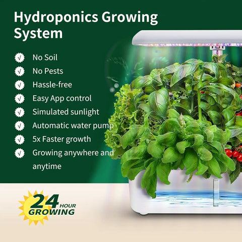 Indoor Hydroponics Garden System With LED Grow Light And 14 Pods, WiFi Herb Garden Kit with greenery and features list.
