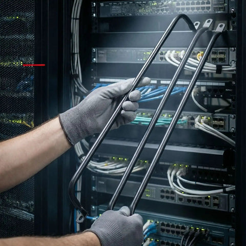Person installing Solid 0.5U Cabinet Horizontal Lacing Cable Management Bar 2 Pack 18.98 Inch Cold Rolled Steel in server rack.