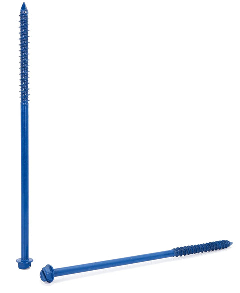 Two blue 1/4 in x 6 in hex head concrete screw anchors for masonry, showing thread detail and hex head design.