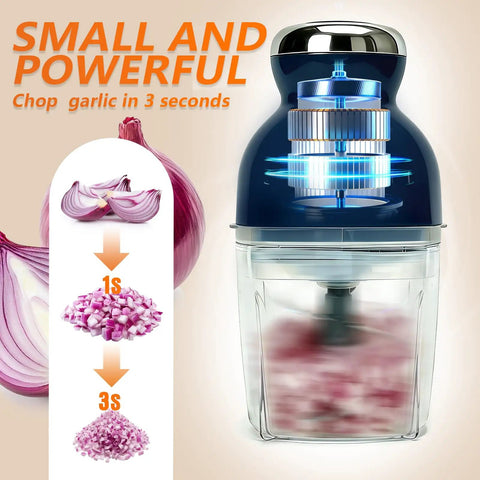 Brigii One Touch Electric Garlic Mincer And Onion Chopper 17oz Mini Food Processor with S shaped blades in action chopping onions.