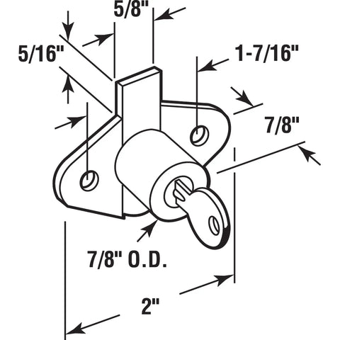 Illustration of Diecast Drawer And Cabinet Lock Brass Plated Fits Seven Eighths Inch Max Panel Thickness with dimensions