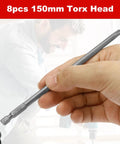 Top Shelf Eight Piece Long Torx Security Screwdriver Bits Set Built Tough With S2 Steel Blades shown in hand, 150mm length for deep access.
