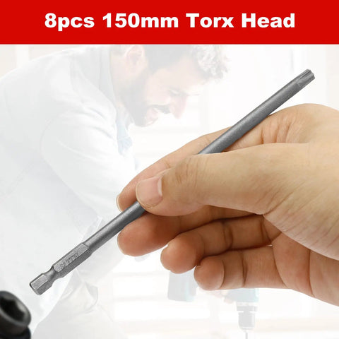 Top Shelf Eight Piece Long Torx Security Screwdriver Bits Set Built Tough With S2 Steel Blades shown in hand, 150mm length for deep access.