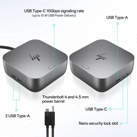 Thunderbolt 4 Docking Station For Laptop Charging Bundle Delivering Dual Screen Hookup And 280W Power Adapter showcasing ports and connectivity options.
