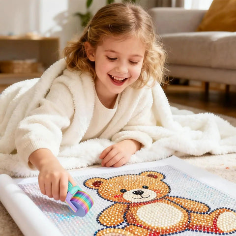 Child using Detachable Roller Tool With Ergonomic Grip For Painting Projects No Sweat Smooth Operator on rhinestone canvas art.