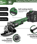 Cordless 20V 5 Inch Angle Grinder With Brushless Motor, Beast Power, includes 2X 4.5Ah batteries, adjustable handle, features
