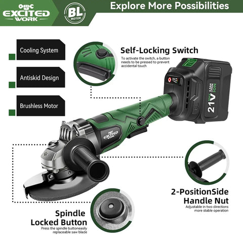 Cordless 20V 5 Inch Angle Grinder With Brushless Motor, Beast Power, includes 2X 4.5Ah batteries, adjustable handle, features