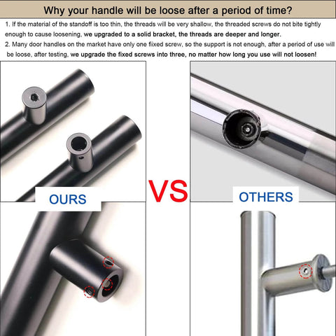 Comparison of 36-Inch Stainless Steel Push Pull Door Handle with upgraded three-pillar mount vs single mount example.