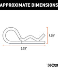 Diagram showing dimensions of trailer hitch clips, 3.25 inch length and 1.25 inch height, durable steel construction, zinc finish.