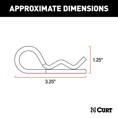 Diagram showing dimensions of trailer hitch clips, 3.25 inch length and 1.25 inch height, durable steel construction, zinc finish.