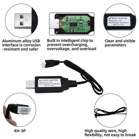 USB charger cable for 7.4V 1000mAh Li Ion Battery Pack For RC Trucks And Cars, 2 Pack 2S 25C With T Plug, showing components and features
