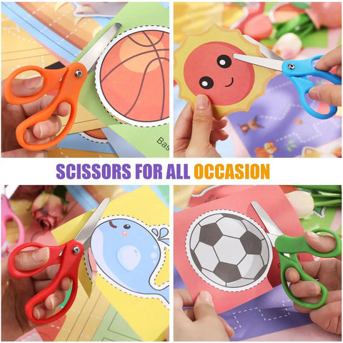 36 Pack Kid Scissors For School And Home, 5 Inch Safety Blunt Tip Scissors cutting colorful paper shapes in classroom setting