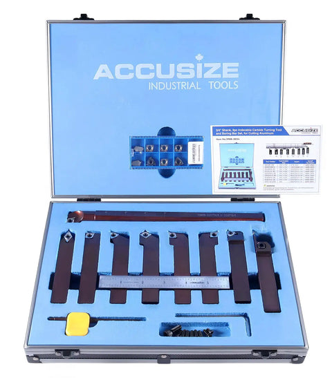 Open case displaying 3/4 Inch Shank Indexable Turning and Boring Tool Set, 9 Piece Pro Kit with inserts and chipbreakers.