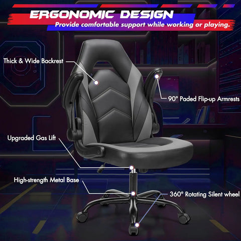 Ergonomic Gaming Desk Chair With PU Leather Upholstery, comfy lumbar support, extra cushioned seat, flip-up armrests, height adjustable, displayed in a gaming setup.