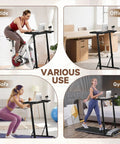 Adjustable Treadmill Desk With Walking Pad Stand For Home Office And Bike Trainer shown in office, sofa, ride, and gym settings.