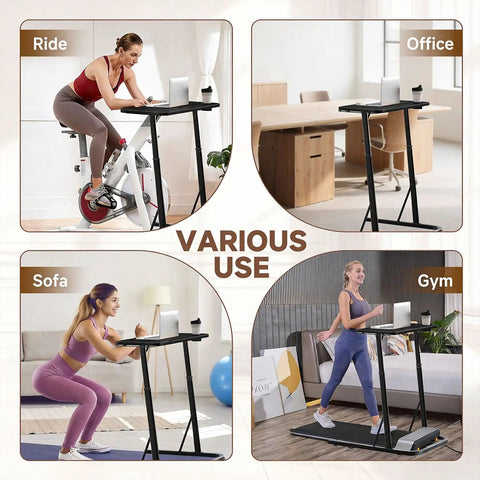 Adjustable Treadmill Desk With Walking Pad Stand For Home Office And Bike Trainer shown in office, sofa, ride, and gym settings.