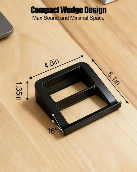 Desk Speaker Stands With 16 Degree Tilt, Wedge Riser And Anti Vibration Foam For Clear Nearfield Listening, black on wood desk