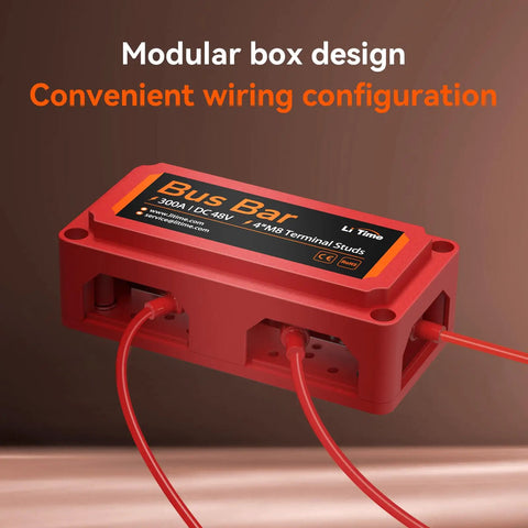 Premium Copper Bus Bar Power Distribution Block 300 Amp 4 M8 Studs 48V DC Max Red, modular design for convenient wiring.
