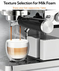 Semi Automatic Dual Boiler Espresso Machine With Auto Milk Frother For Barista Vibes Cappuccinos Lattes And Top Shelf Morning Espressos With No Fuss Brewing Right In Your Own Kitchen pouring espresso into a glass, with milk frothing in background.