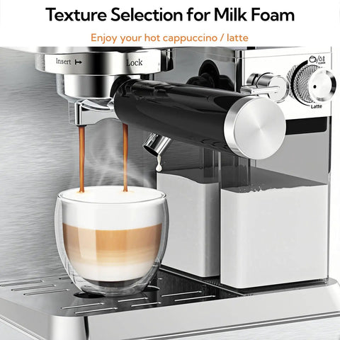Semi Automatic Dual Boiler Espresso Machine With Auto Milk Frother For Barista Vibes Cappuccinos Lattes And Top Shelf Morning Espressos With No Fuss Brewing Right In Your Own Kitchen pouring espresso into a glass, with milk frothing in background.