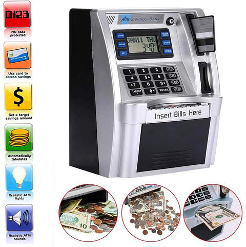 Realistic ATM Piggy Bank For Kids And Adults With Card And PIN Mini Black ATM Machine For Deposits Withdrawals Coin Reader