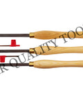 Three carbide wood lathe turning chisels with wooden handles and replaceable tips, side view