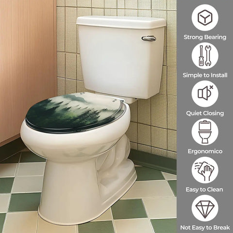 Toilet Seat Round Resin for Bathroom, ergonomic design, green nature print, fits standard toilets, easy to install.