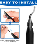 Heavy Duty 11-Blade Deburring Tool Set For Metal, Plastic, Resin & Aluminum showing user pressing button to insert blade.