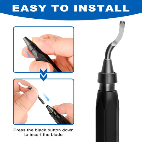 Heavy Duty 11-Blade Deburring Tool Set For Metal, Plastic, Resin & Aluminum showing user pressing button to insert blade.