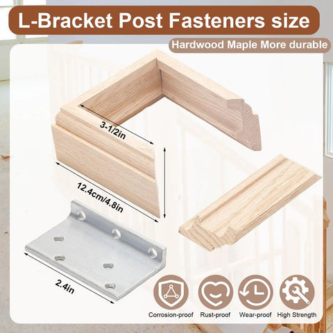 All In One Three And A Half Inch Newel Post Mounting Kit With L Bracket Fasteners Includes Four Maple Wood Skirt Trims And Twenty Eight Screws For Square Newels To Attach Handrails Railings Balustrades To Stairs And Floors