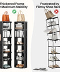 Two shoe racks, one sturdy Eight Tier Vertical Plastic Shoe Rack Freestanding Stackable Organizer For Small Closets And Tight Spaces.